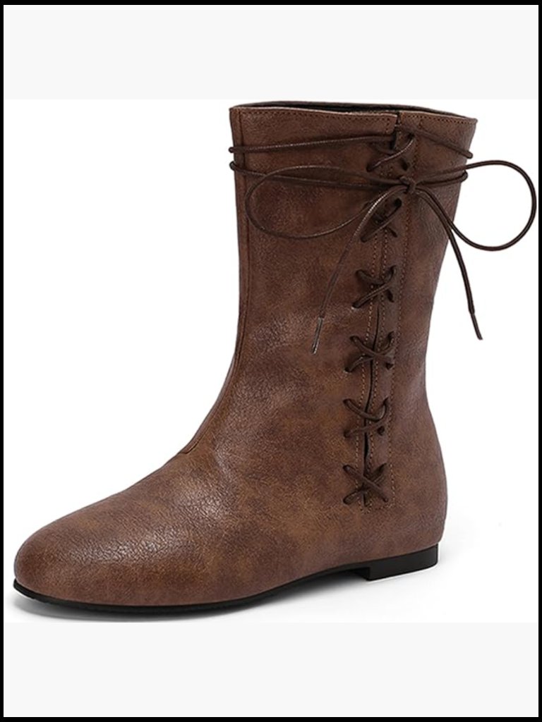 Vintage Lace Up Ankle Boots Flat Comfortable Round Toe Pirate Medieval Costume